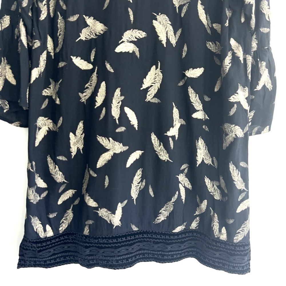 JOHNNY WAS Workshop Black Metallic Gold Feathers Embroidered Hem Mini Dress Sz L - Picture 10 of 16